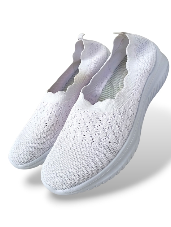 Shoes - White Scalloped Knit Slip-on Sneakers Comfy Cushioned Lightweight Simple Femme